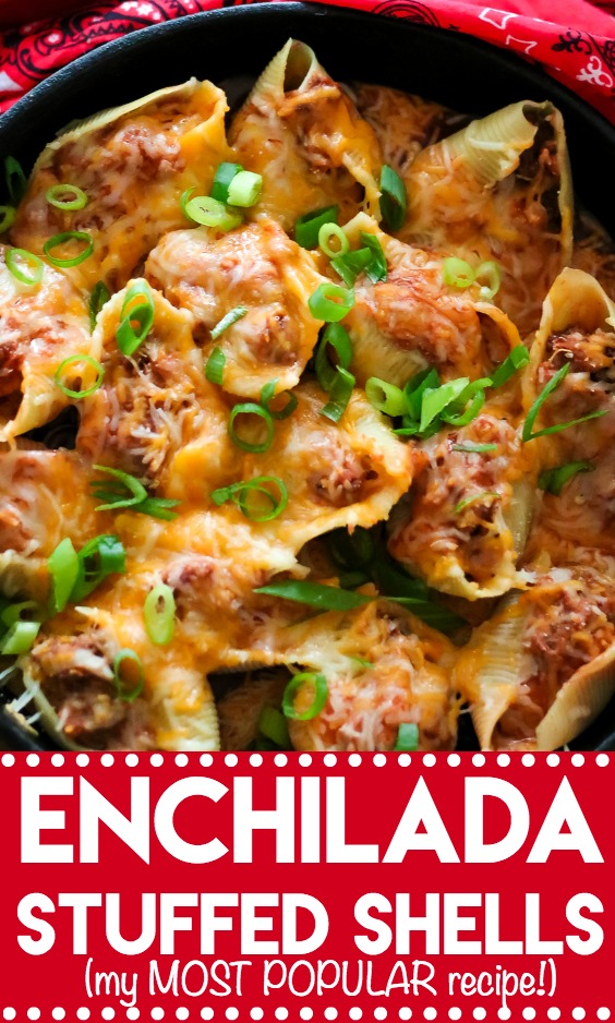 Enchilada Stuffed Shells are my MOST POPULAR recipe! Full of cheese and enchilada flavor, it makes a dinner everyone will love!