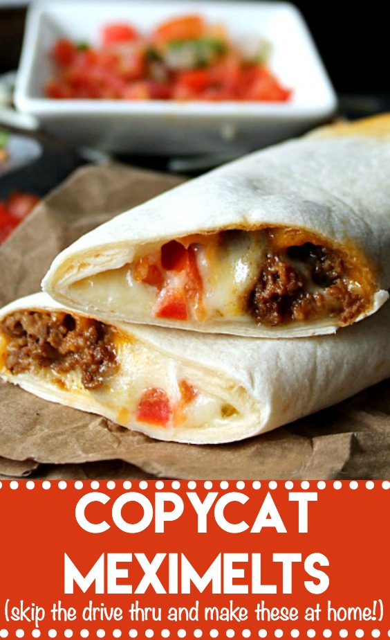 Copycat Meximelts are a drive thru favorite you can make at home! Melty cheese, flavorful beef and pico make these a family favorite!