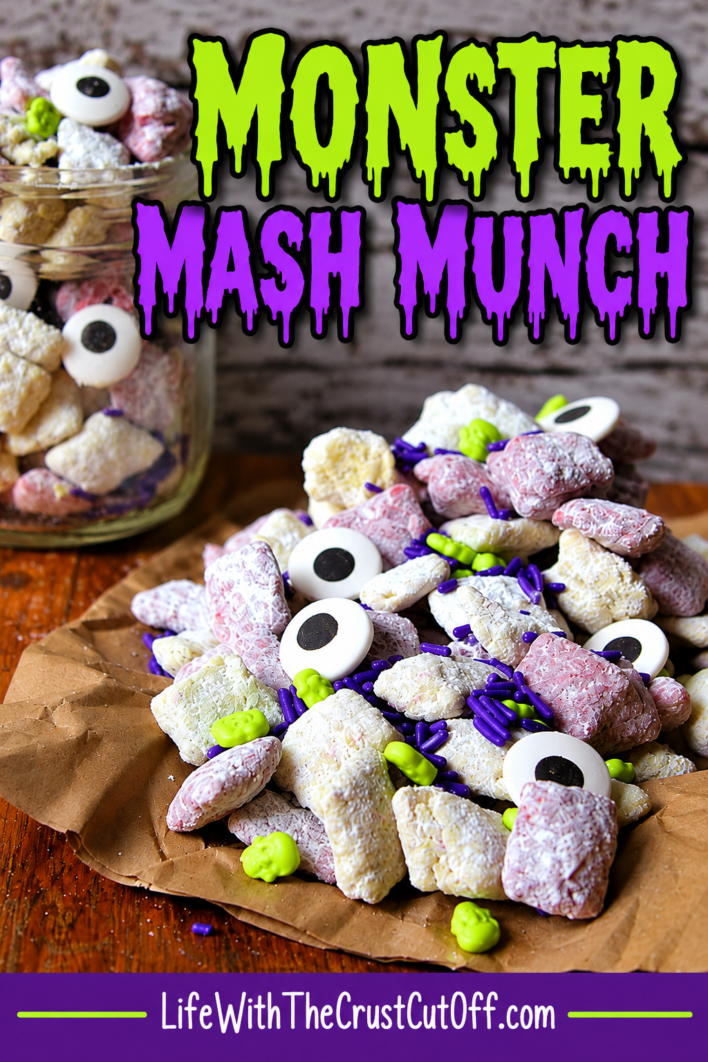 Monster Mash Munch Halloween snack mix with colorful cereal pieces, candy eyes, purple sprinkles, and green candies.