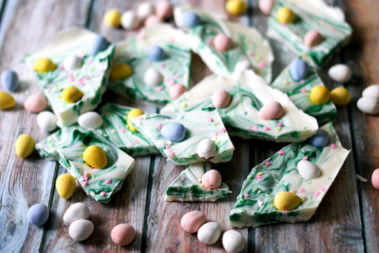 Easter Egg Bark is so easy to make and fun for the kids! Just melt chocolate and add your favorite Easter candies! So pretty!
