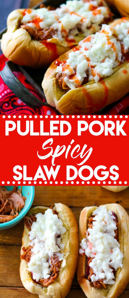 Pulled Pork Spicy Slaw Dogs are going to be your new favorite dish this summer!! Comes together super quick. Perfect easy dinner!