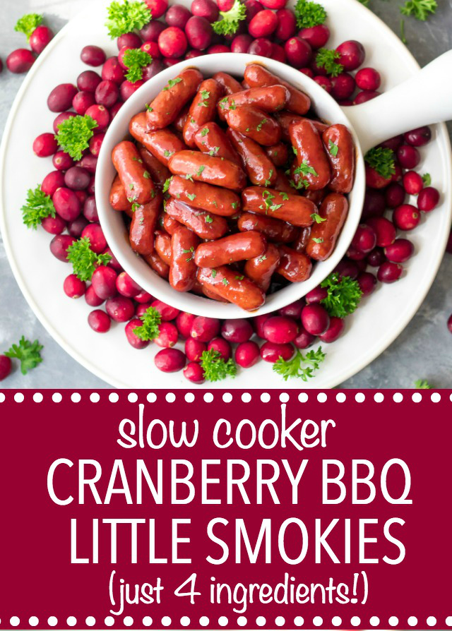 Slow Cooker Cranberry BBQ Little Smokies are the perfect holiday appetizer! Just 4 ingredients in the slow cooker to make this festive delicious dish!