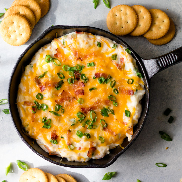 Loaded Baked Potato Dip is a deliciously easy way to get all your favorite flavors of potato skins in one amazingly cheesy dip!