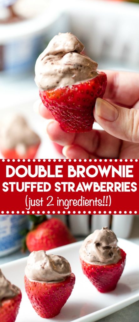 Double Brownie Stuffed Strawberries are the easy 2 ingredient snack or dessert you can whip up in minutes!! Double Brownie Cool-Whip makes these delicious!
