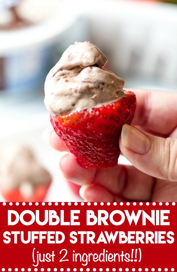Double Brownie Stuffed Strawberries are the easy 2 ingredient snack or dessert you can whip up in minutes!! Double Brownie Cool-Whip makes these delicious!