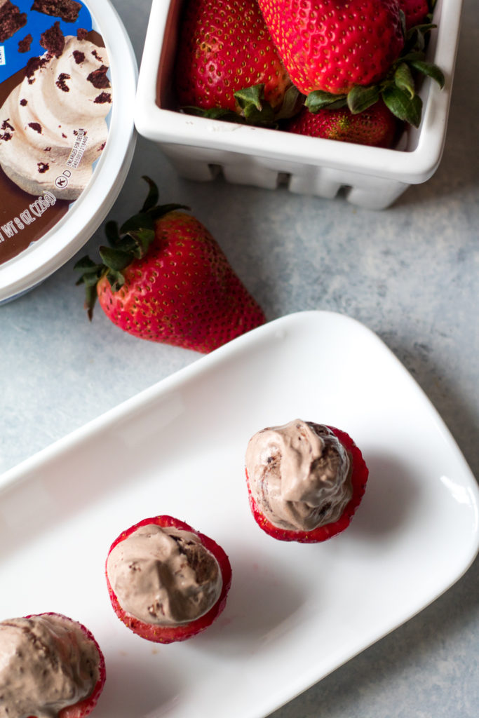 Double Brownie Stuffed Strawberries are the easy 2 ingredient snack or dessert you can whip up in minutes!! Double Brownie Cool-Whip makes these delicious!