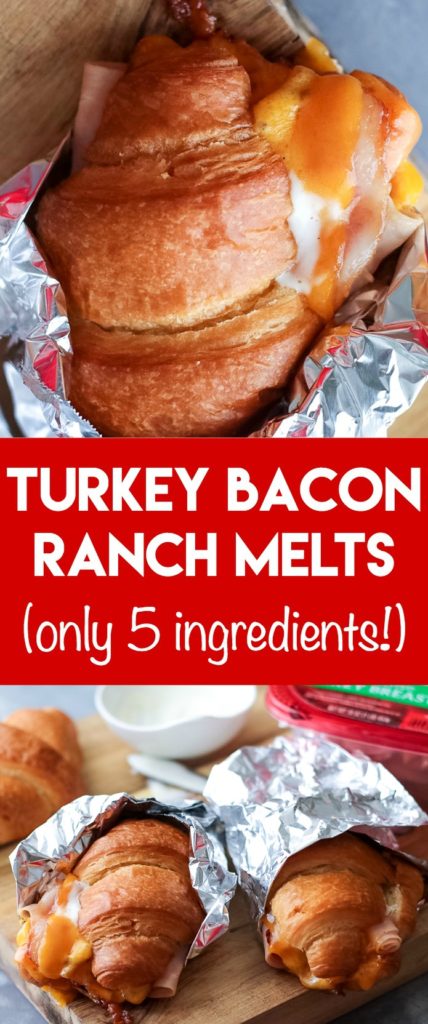 Turkey Bacon Ranch Melts are your new favorite sandwich!! Melty cheese, crispy bacon, turkey and ranch all warm and tucked into a buttery croissant.