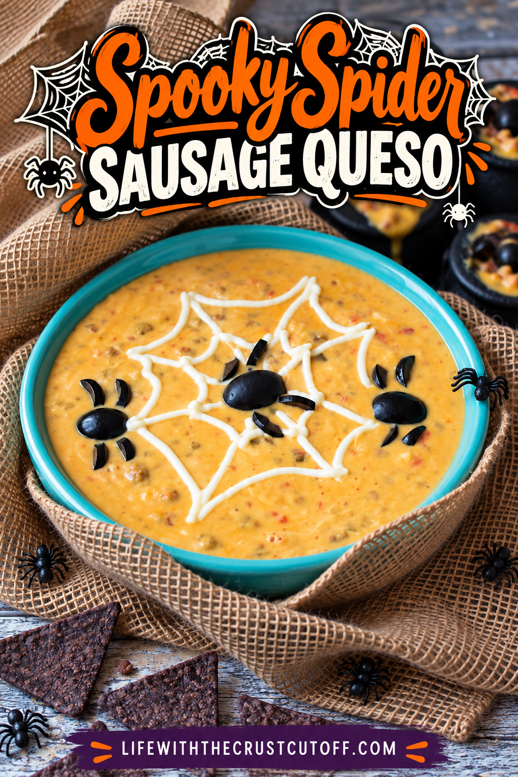 Spooky Spider Sausage Queso in a turquoise bowl decorated with a sour cream spiderweb and black olive spiders.