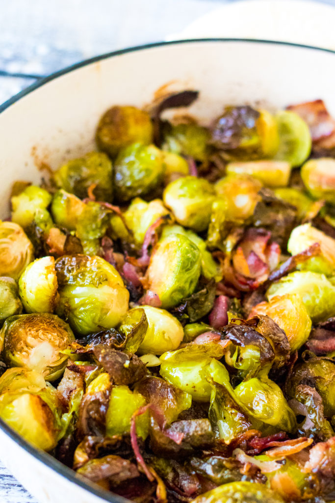 Bacon Ranch Brussel Sprouts are roasted with crispy bacon, sweet red onion and all that ranch flavor everyone loves! A real crowdpleaser!