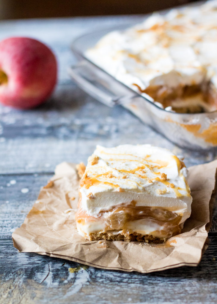 No Bake Caramel Apple Lush is perfect Fall with layers of cream cheese, whipped cream, caramel, butterscotch pudding and apple pie filling.