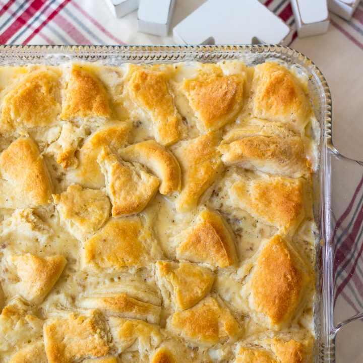 Sausage Gravy & Biscuit Casserole in a baking dish