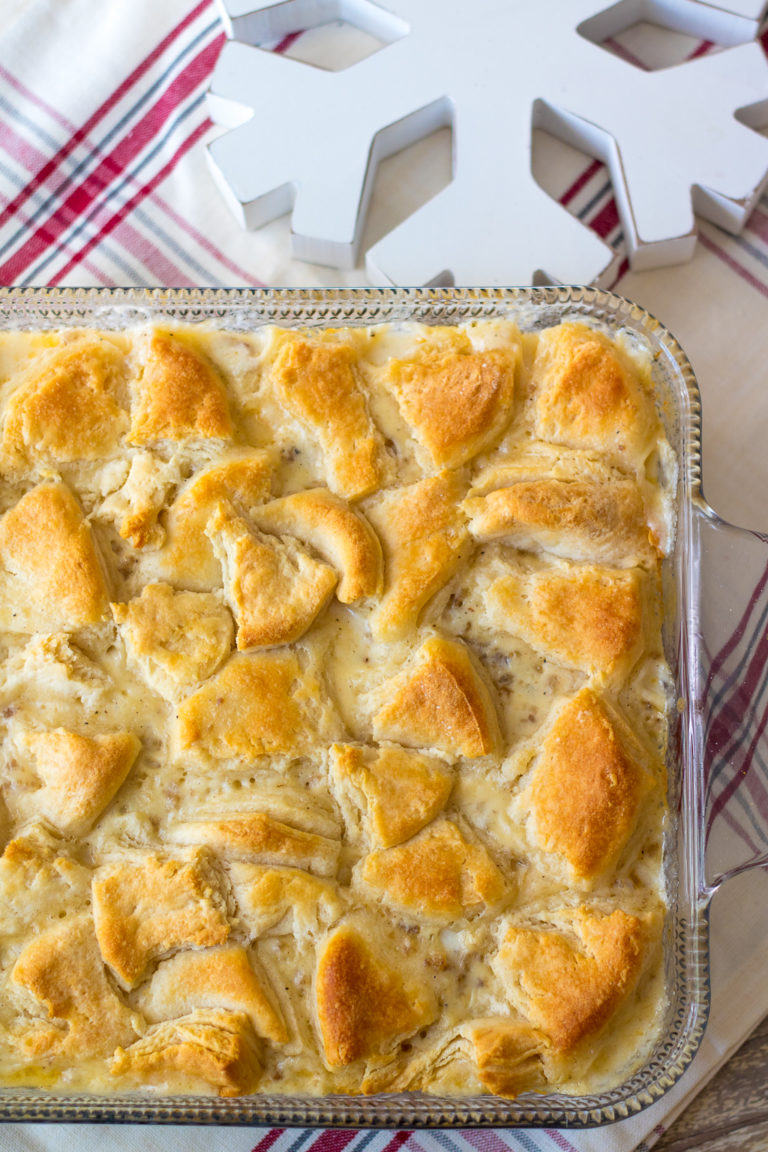 Sausage Gravy & Biscuit Casserole in a baking dish