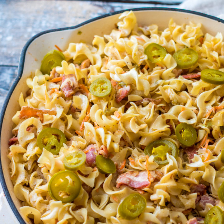 Close up of Spicy Bacon Cabbage & Noodles in pan