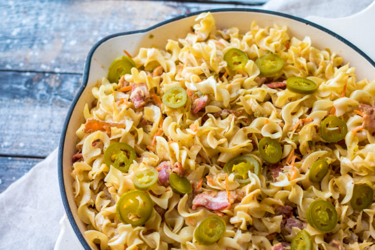 Close up of Spicy Bacon Cabbage & Noodles in pan