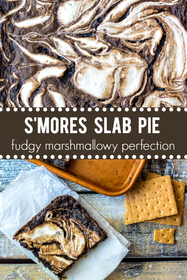 S'mores Slab Pie is the perfect dessert! Graham cracker crust, fudgy pie and that marshmallow swirl are out of this world!
