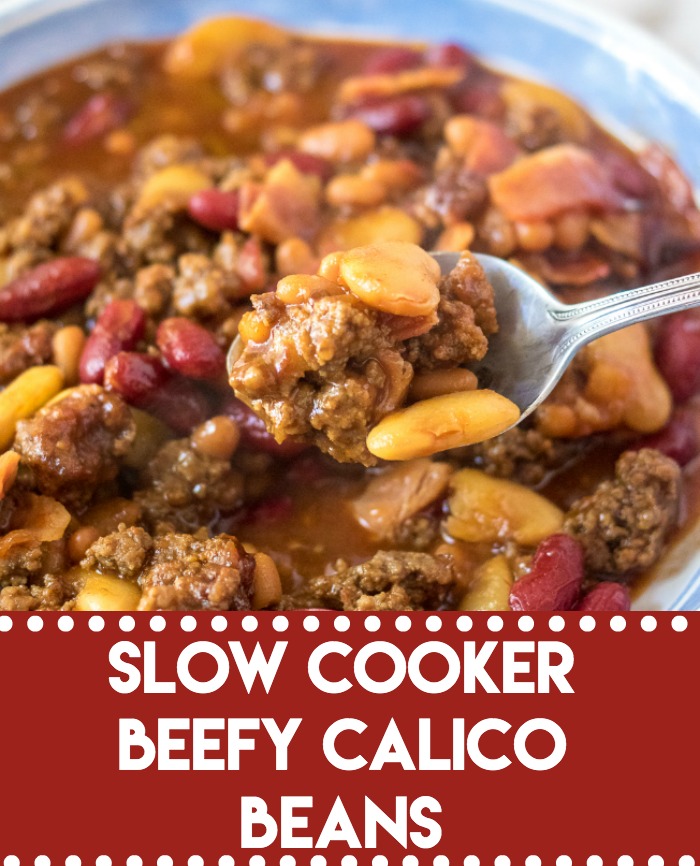 Slow Cooker Beefy Calico Beans are thick, rich and full of bacon and ground beef. Perfect for cookouts and a real crowd pleaser!