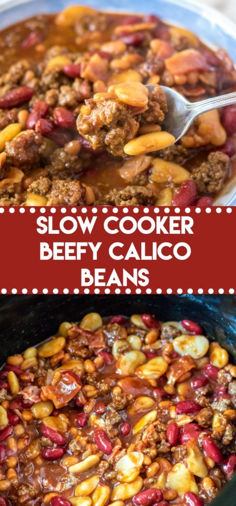 Slow Cooker Beefy Calico Beans are thick, rich and full of bacon and ground beef. Perfect for cookouts and a real crowd pleaser!