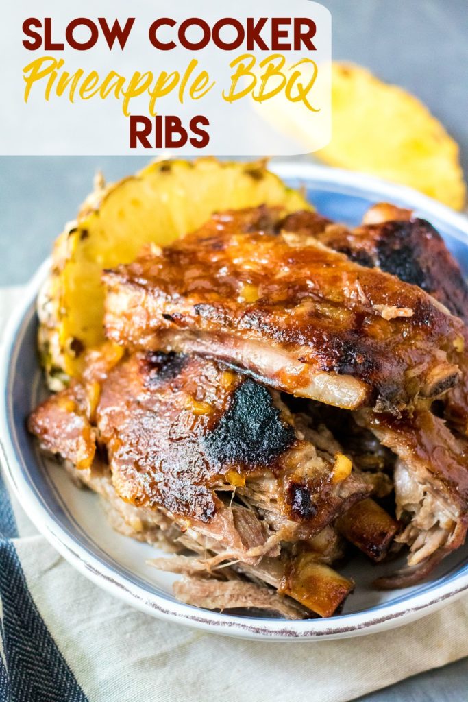 Slow Cooker Pineapple BBQ Ribs cook right in the slow cooker so no need to heat up the kitchen. Full of sweet pineapple flavor, these tender ribs are great!