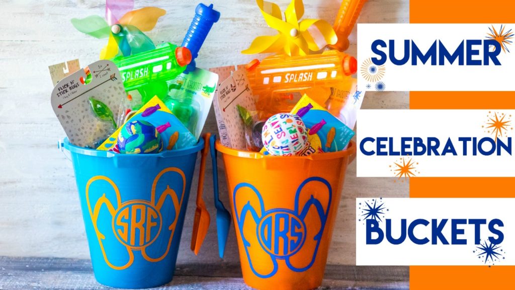 Super fun inexpensive buckets full of goodies for the summer! Perfect for the last day of school or the first day of summer!