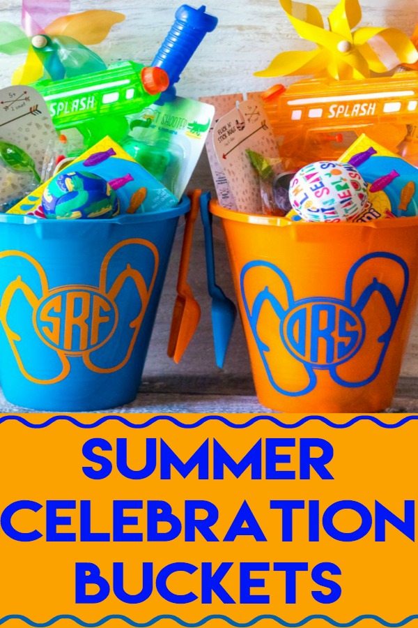 Super fun inexpensive buckets full of goodies for the summer! Perfect for the last day of school or the first day of summer!