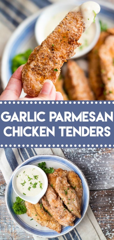 Garlic Parmesan Crispy Chicken Tenders have a secret ingredient to make them the crispiest chicken tenders, with a creamy garlic parm sauce for dipping!
