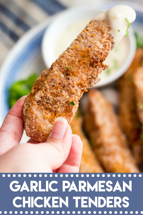 Garlic Parmesan Crispy Chicken Tenders have a secret ingredient to make them the crispiest chicken tenders, with a creamy garlic parm sauce for dipping!