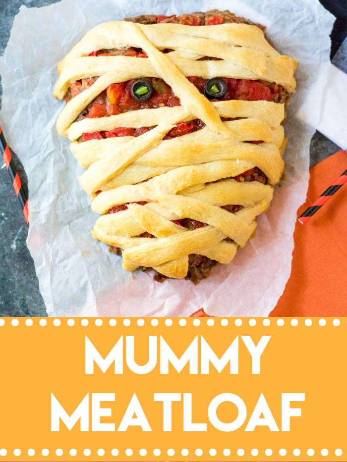 Mummy Meatloaf is a spooky and delicious Halloween dinner your little ghouls and goblins will love! Flavorful meatloaf wrapped in crescent mummy strips yum!
