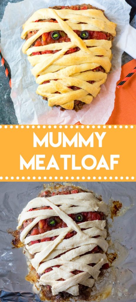 Mummy Meatloaf is a spooky and delicious Halloween dinner your little ghouls and goblins will love! Flavorful meatloaf wrapped in crescent mummy strips yum!