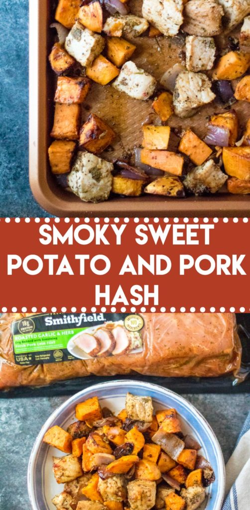 Smoky Sweet Potato and Pork Hash is your new favorite sheet pan meal. Flavorful pork, roasted sweet potatoes, caramelized onions come together in no time!