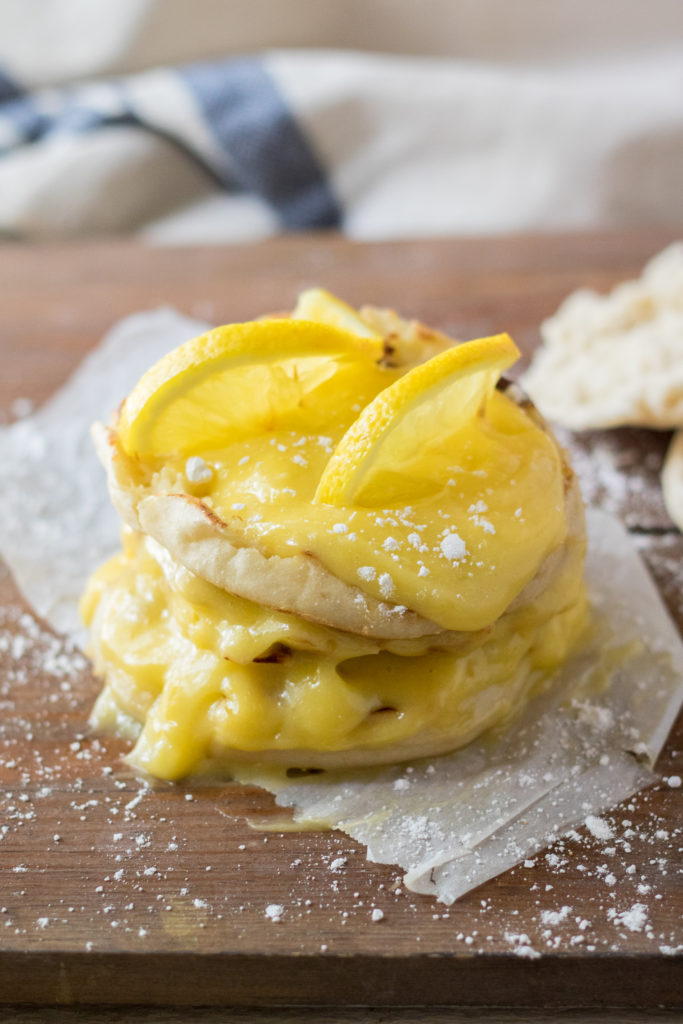 Lemon English Muffin French Toast is our new favorite breakfast. The nooks and crannies of the English Muffin is perfect for the tart lemon curd!