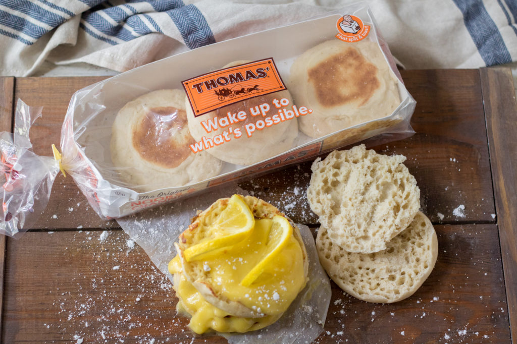 Lemon English Muffin French Toast is our new favorite breakfast. The nooks and crannies of the English Muffin is perfect for the tart lemon curd!