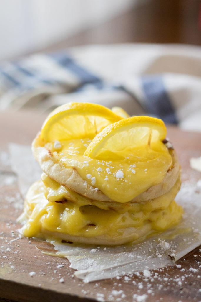 Lemon English Muffin French Toast is our new favorite breakfast. The nooks and crannies of the English Muffin is perfect for the tart lemon curd!