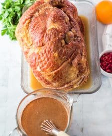 The glaze is easy to prepare before pouring over the ham in it's baking dish.