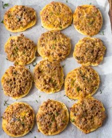 Baked old english sausage muffins on sheet pan.