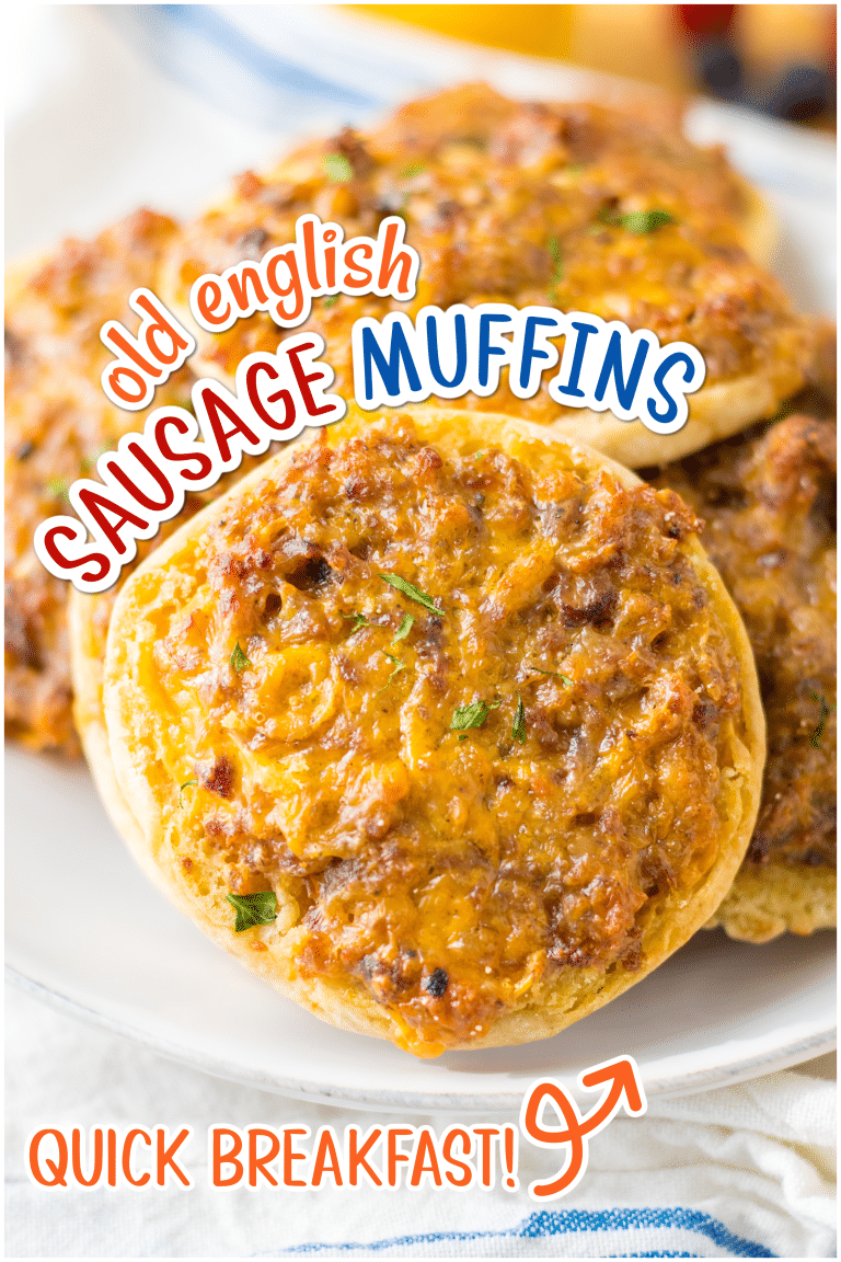 Old English Sausage Muffins with title. Close up of the Sausage muffin