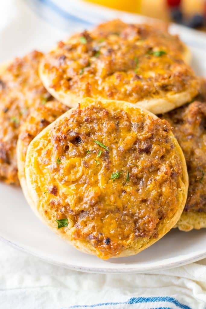 Close up of Old English Sausage Muffins. Sausage and cheese baked into an english muffin