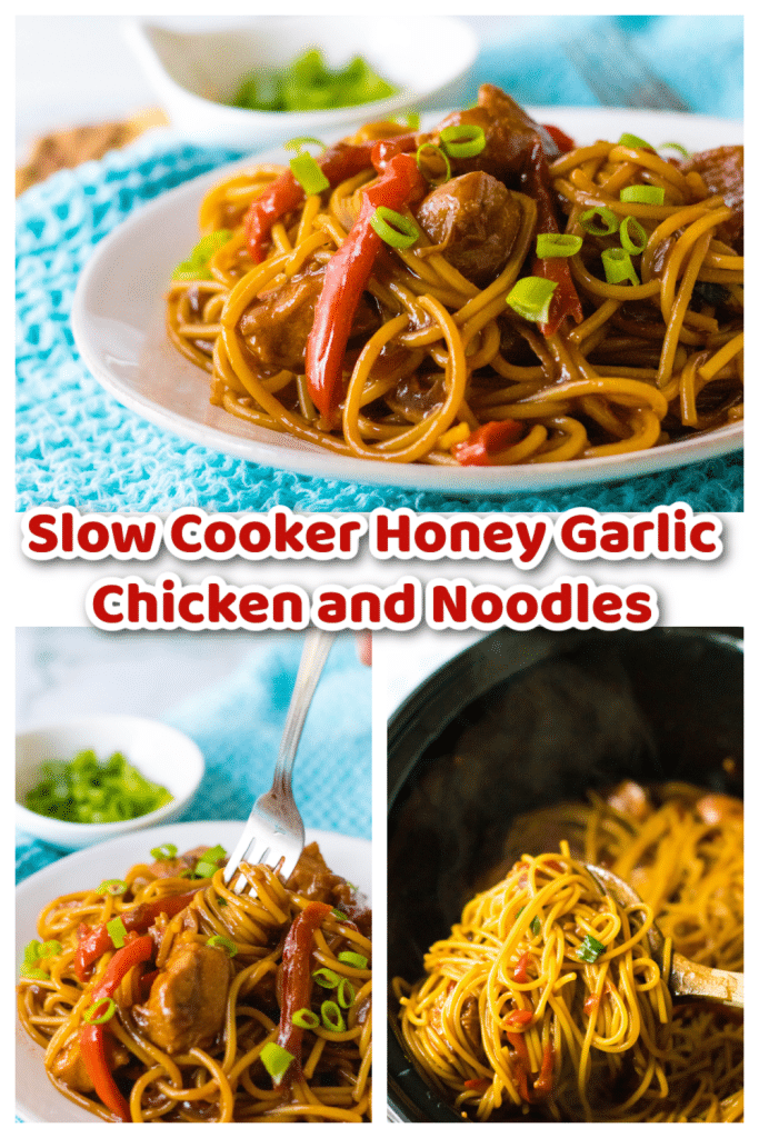Pinterest Pin of Slow Cooker Honey Garlic Chicken and Noodles