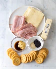 Ingredients to make Ritz Cracker Sandwiches. Ham and swiss, worcheshire and mustard, poppy seeds and onion powder, butter and ritz crackers.