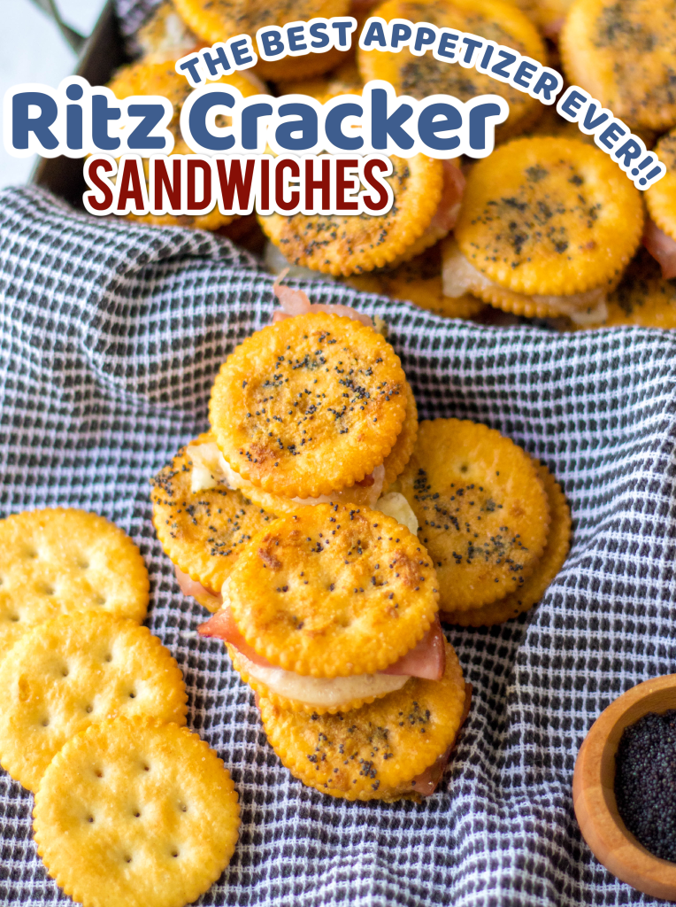 Ritz Cracker Sandwiches. Ritz Crackers with ham and cheese sandwiches between topped with a butter mixture of onion powder and poppy seeds.