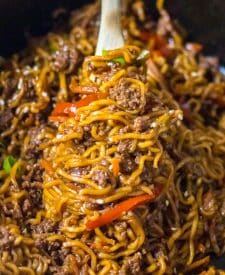 Slow Cooker Beef Ramen in a spoon in a slow cooker