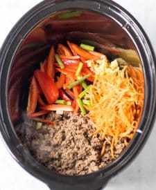 Slow Cooker Beef Ramen ingredients in slow cooker