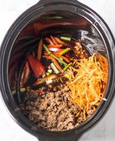 Slow Cooker Beef Ramen ingredients in slow cooker