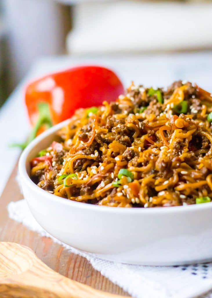 Cooked Slow Cooker Beef Ramen in a white bowl
