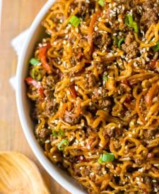 Cooked Slow Cooker Beef Ramen in a white bowl