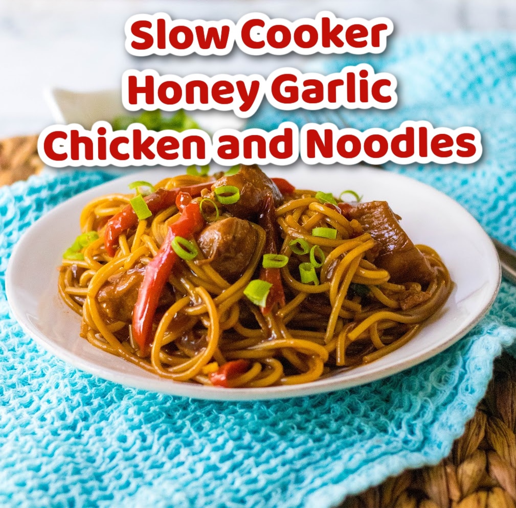 Slow Cooker Honey Garlic Chicken and Noodles piled on a plate garnished with scallions.
