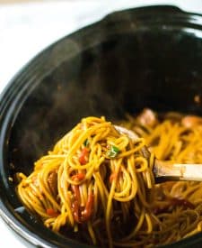 Slow cooker shot of the Slow Cooker Honey and Garlic Chicken and Noodles