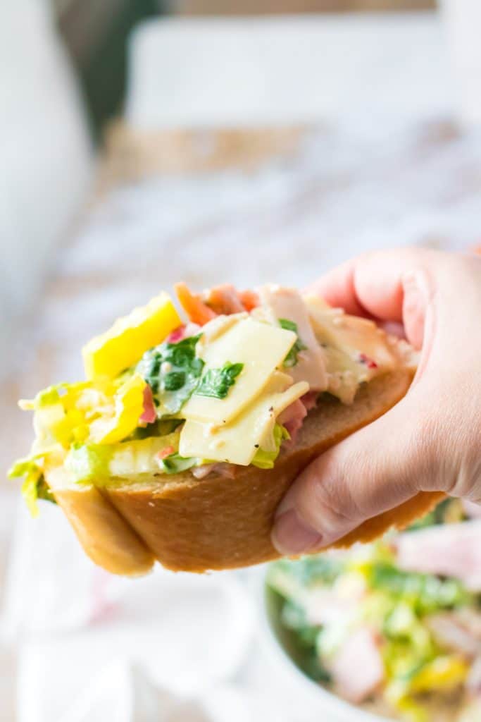 Hoagie Dip piled on a slice of bread