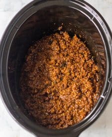 Shot of Slow Cooker Korean Beef Sloppy Joe cooked in slow cooker