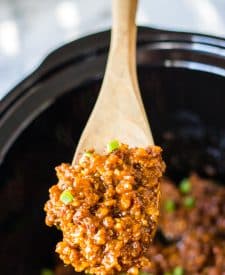 Shot of Slow Cooker Korean Beef Sloppy Joe in slow cooker