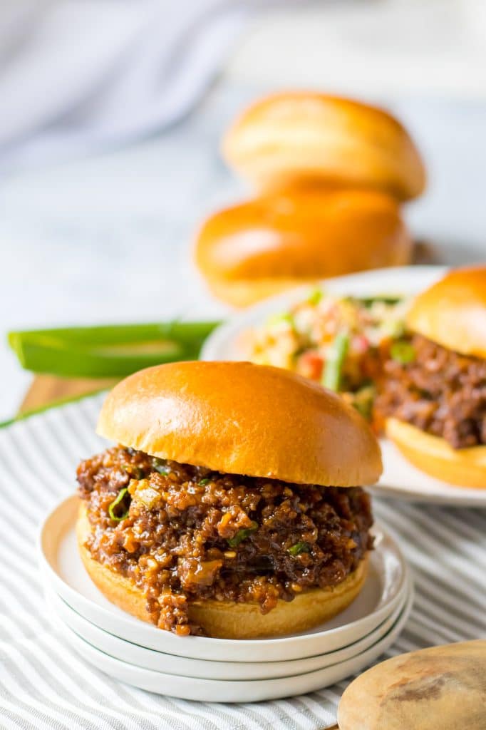 Close up of Slow Cooker Korean Sloppy Joes on shiny bun 